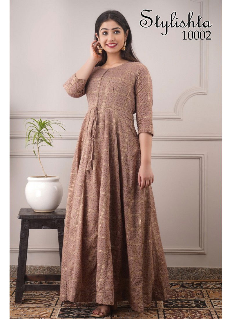 Brown Colour Daily Wear Pure Chanderi Foil Print Gown 10002